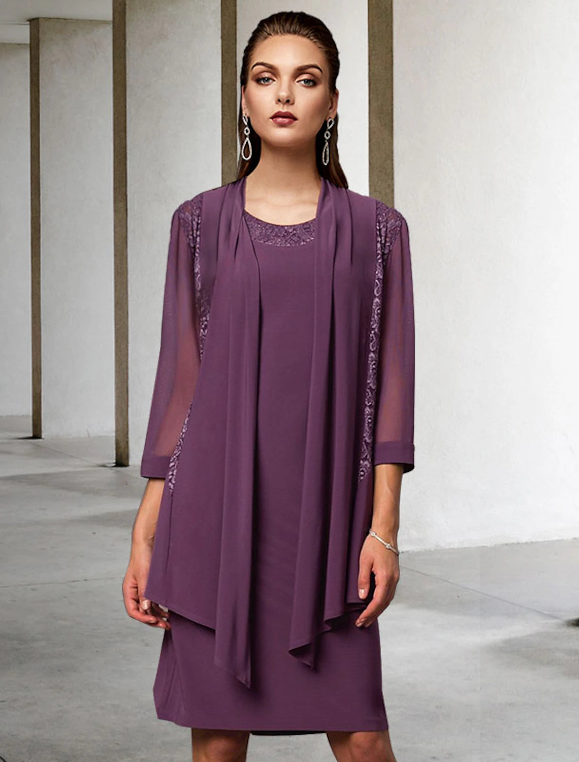 Two Piece Sheath / Column Mother of the Bride Dress Elegant Jewel Neck Knee Length Chiffon Lace Sleeveless Jacket Dresses with Solid Color Wool Jacket Cashmere Jacket Tweed Jacket