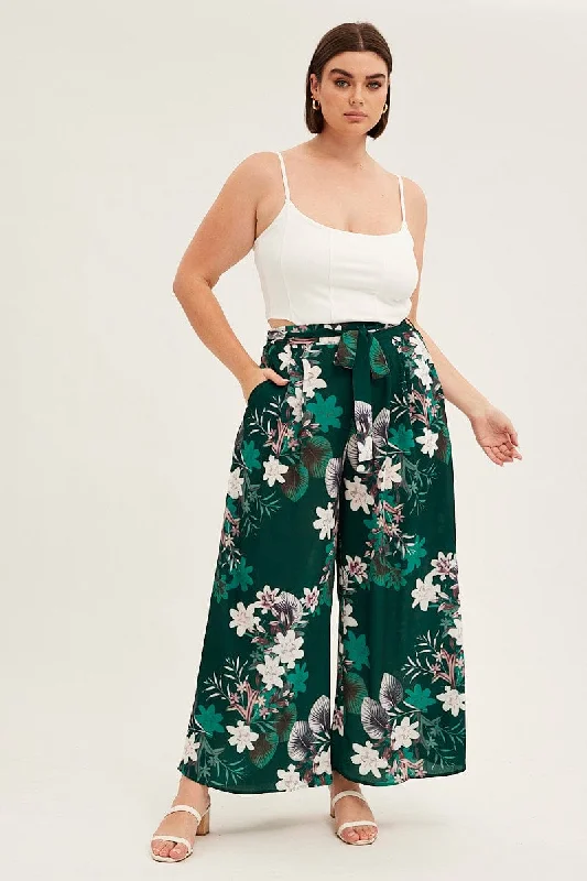 Green Floral Wide Pant Tie Waist Crepe Modern Stretch Trousers