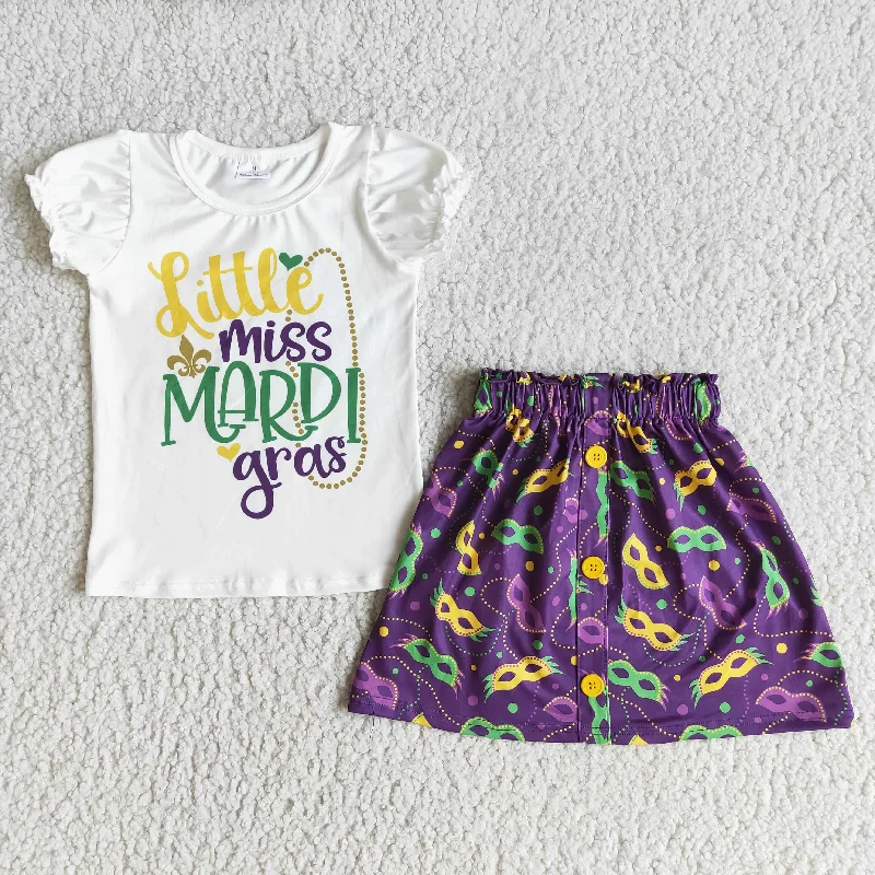 E5-5 Mardi Gras clothing White short sleeve top purple skirts Girls Boutique outfits 202501 denim skirt fashionable