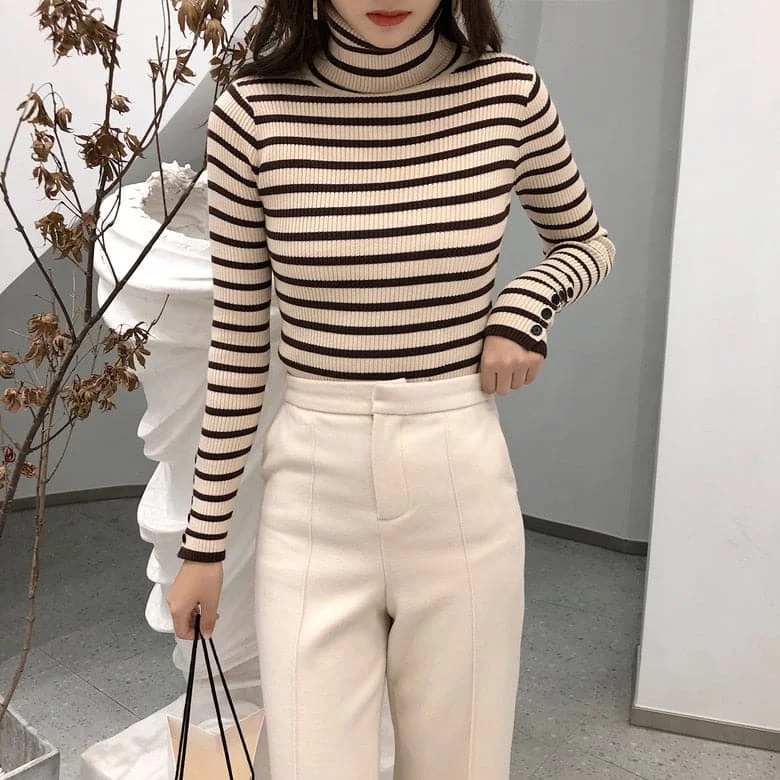 DressBetty - High-Collar Striped Knit Bottom Sweater Hooded Sweater Collared Sweater Shawl Collar