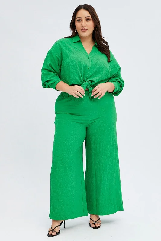 Green Wideleg Pants Crinkle Texture Comfortable Maternity Pants