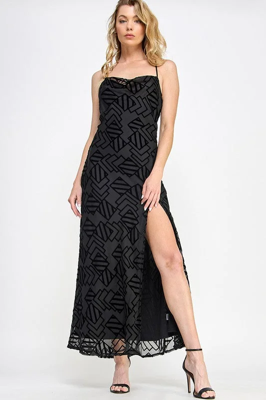 Burntout Velvet Slit Party Dress Turtleneck Warm Winter