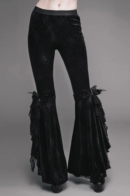 Black Gothic Lace Hem Embossed Velvet Flare Womens Pants Formal Wide-Leg Pants