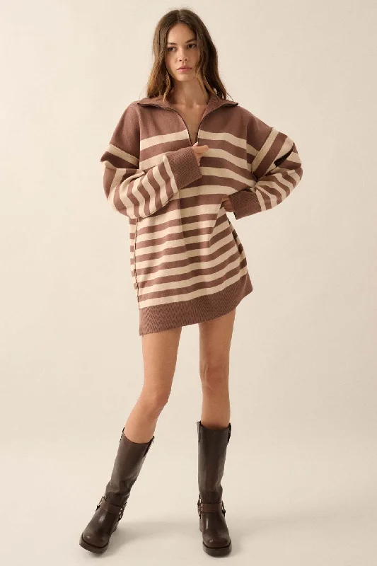 New Horizon Striped Half-Zip Mini Sweater Dress Fitted Slim Tailored