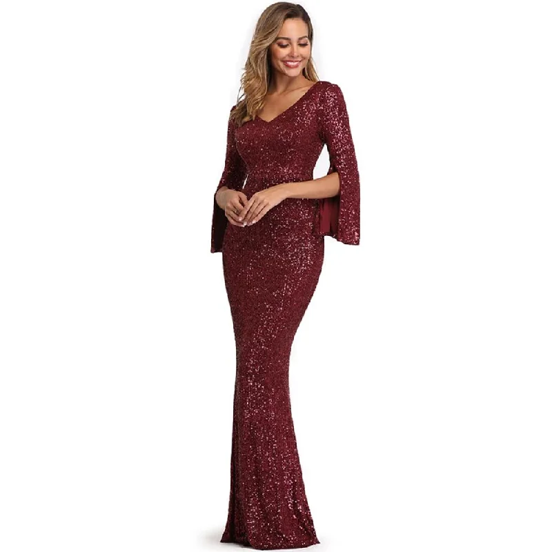 Burgund Evening Dress Long Sleeve Elegant Mermaid Long Formal Evening Party Dress V-neck Shiny Sequined Formal Prom Gowns Peplum Ruffle Cocktail