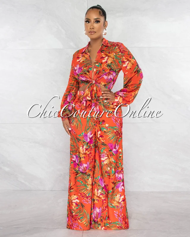 Barnes Orange Print Front Tie Top & Wide Pants Set Comfy Zip-Up Pants
