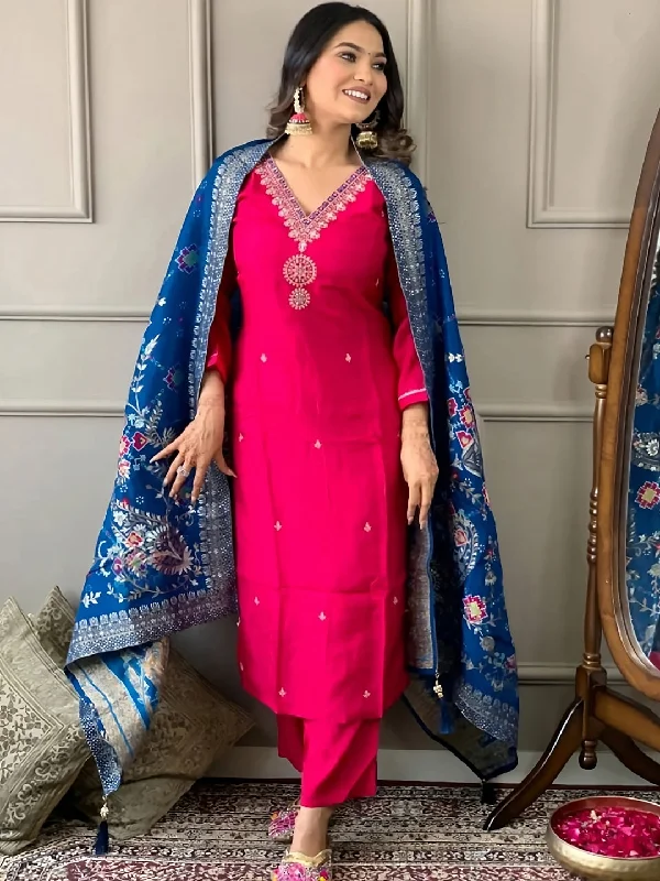 Rani Pink Trendy Designer Readymade Pant Suit With Embroidery Work Stylish Harem Pants