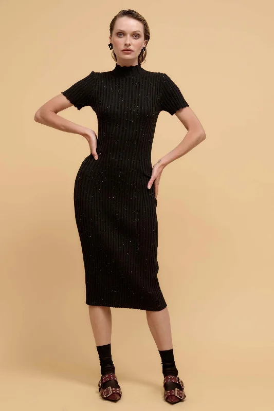 Sparks Fly Sequin Rib-Knit Midi Sweater Dress Spandex Blend Rayon Blend Denim Blend