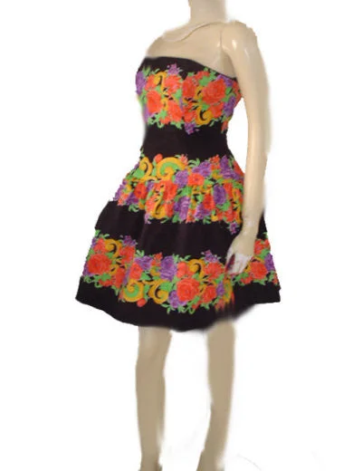 *VINTAGE A. J. BARI CORAL & PURPLE ROSES STRAPLESS PARTY DRESS WITH ATTACHED CRINOLINE - SIZE 10 Tunics Essential wardrobe