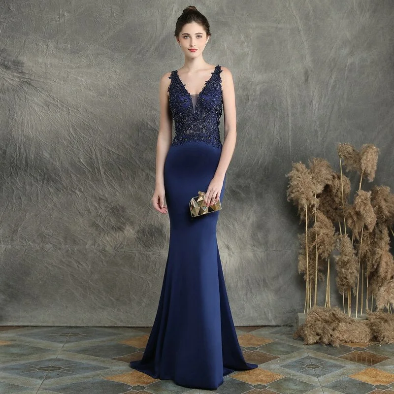 Navy Blue V-neck Appliques Beaded Long Evening Dress See through Elegant Evening Party Dress Tunics Business professional