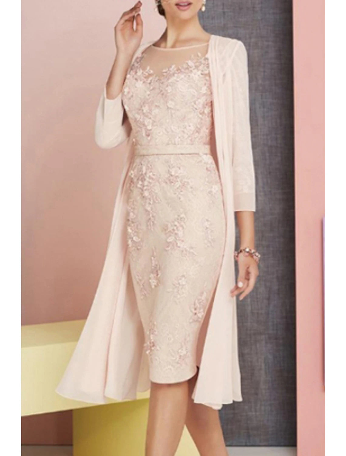 Two Piece Sheath / Column Mother of the Bride Dress Fall Wedding Guest Church Plus Size Vintage Elegant Bateau Neck Knee Length Chiffon Lace 3/4 Length Sleeve Jacket Dresses with Appliques Quilted Jacket Puffer Jacket Insulated Jacket