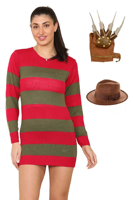 Women's Red and Green Knitted Jumper, Hat & Claw Glove Costume Set - Halloween Fancy Dress, Horror Cosplay Outfit, Striped Sweater with Matching Beanie Hat and Claw Gloves Lace Blend Ribbed Blend Corduroy Blend