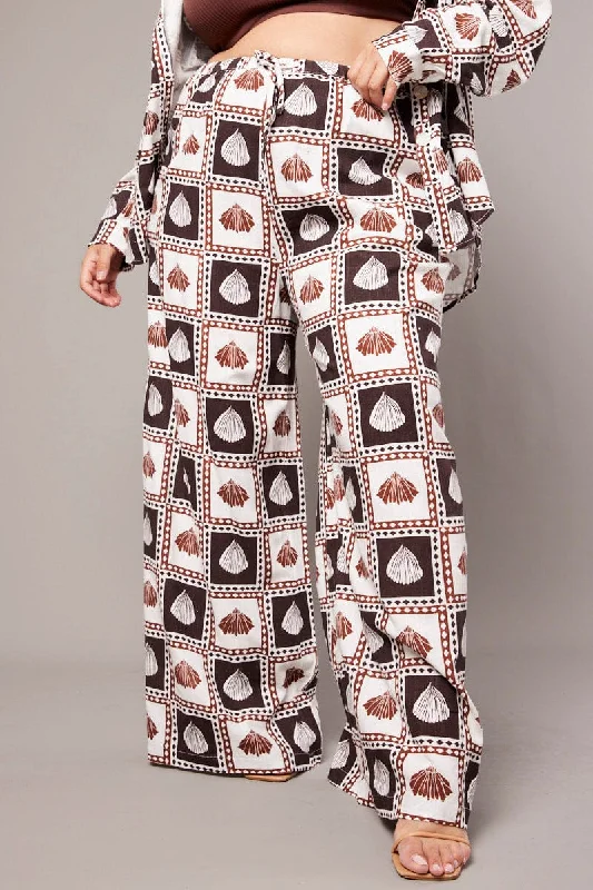 Brown Abstract Wide Leg Pants High Rise Lightweight Linen Pants