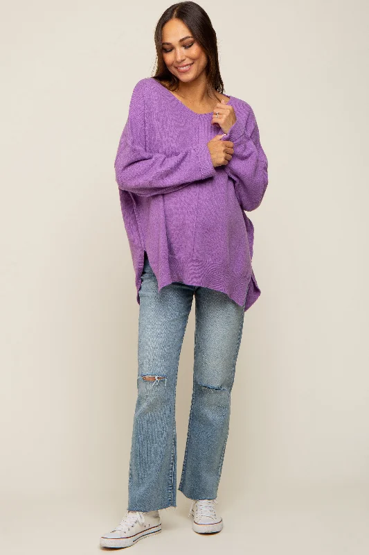 Purple Dolman Sleeve Side Slit Maternity Sweater Rayon Fabric Velvet Fabric Corduroy Fabric