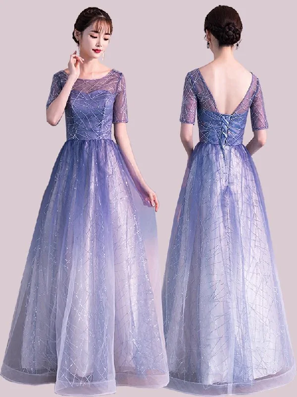 Blue O-neck Evening Dress Embroidered Party Dress Half-Sleeve A-line Gown Elegant Tulle Long Robe A-Line Day Work