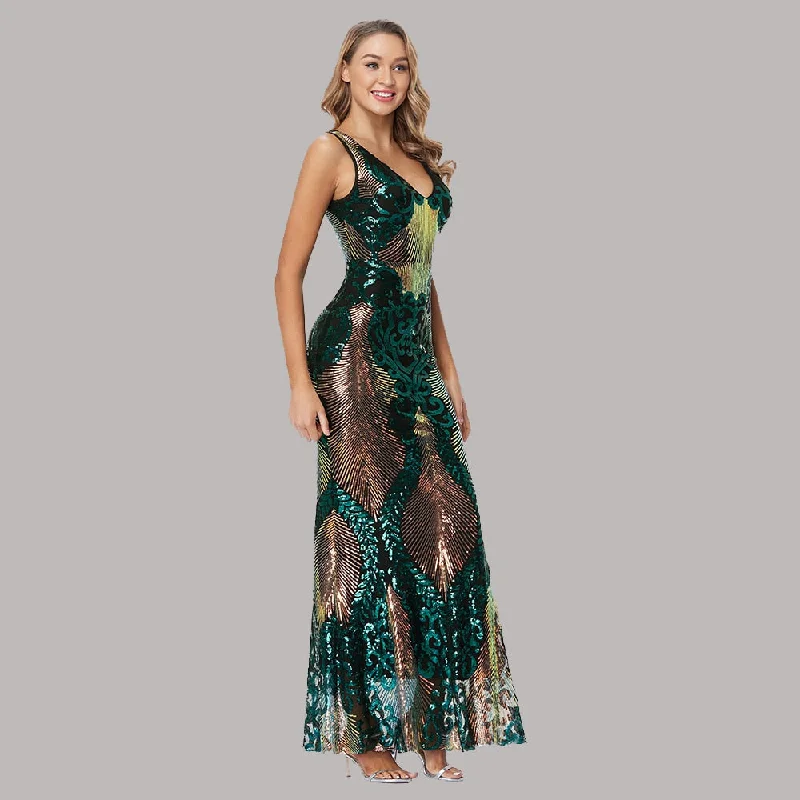 Plus Size Cocktail Dresses Long Sexy Mermaid V Neck Sleeveless Sequins Formal Party Dress Tunics Trousers formal
