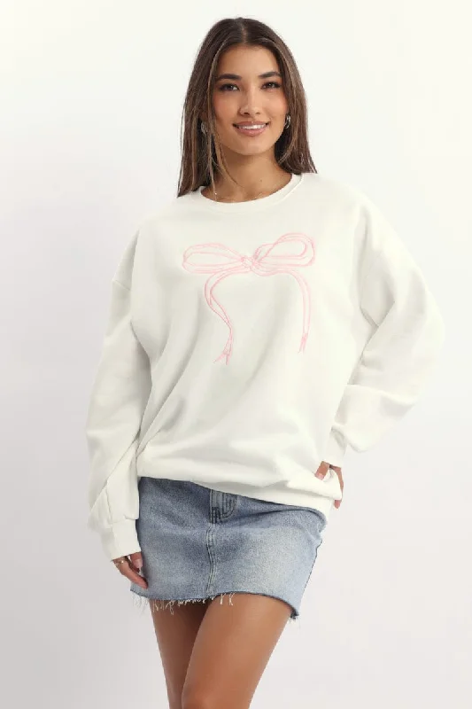 White Graphic Sweater Long Sleeve Ribbed Striped Patterned