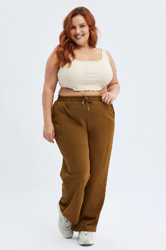 Brown Wide Leg Jogger Pants Casual Sweatpants Style