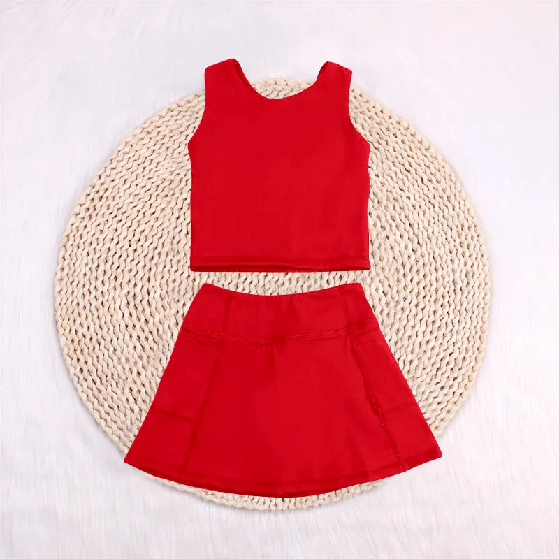 Preorder GSD1979 Yoga Outfit Baby Girls Sports clothes Pure Red Sleeveless top skirts shorts Girls Boutique Summer clothes  202502 chiffon skirt floaty