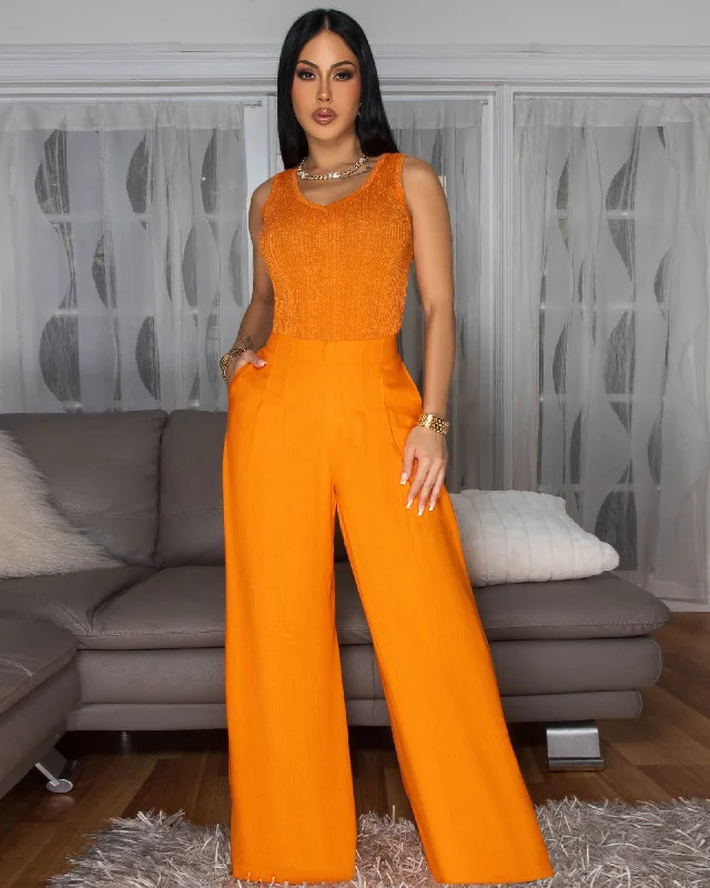 Miraya Tangerine Shimmer Top & Linen Pants Set Elegant Dress Pants