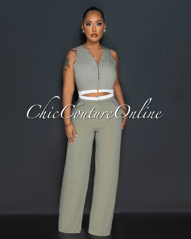Everly Olive Green White Trim Top & Wide Pants Set Cozy Maternity Pants