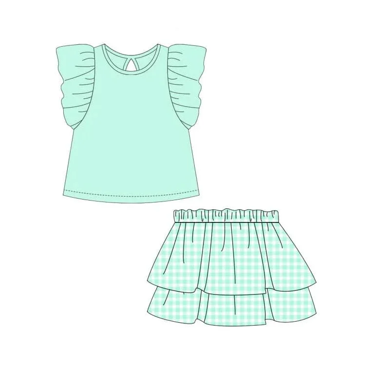 Preorder GSD2000 Pure baby green ruffle sleeveless top skirts set Girls Boutique Summer clothes 202502 athletic skirt fit