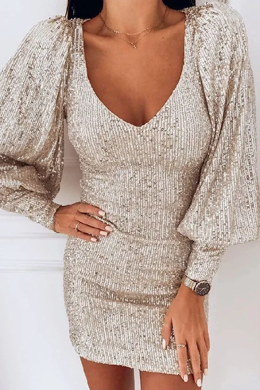 Sparkly V-neck Sequin Party Dress Tunics Brand named