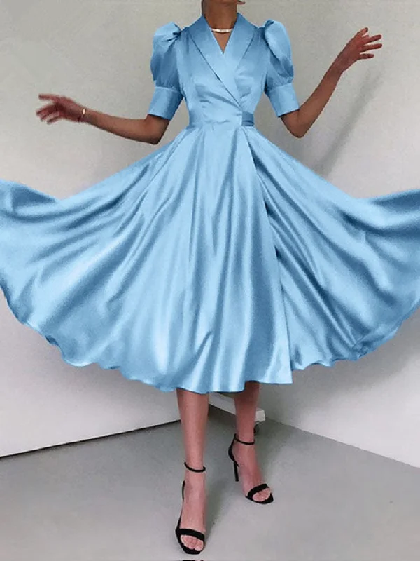 Lizakosht  Elegant Solid Turn-Down Puff Short Sleeve Dress Lady High Waist Split A-Line Party Dress Fashion Summer Pleated Satin Slim Dress Satin Halter Glamorous