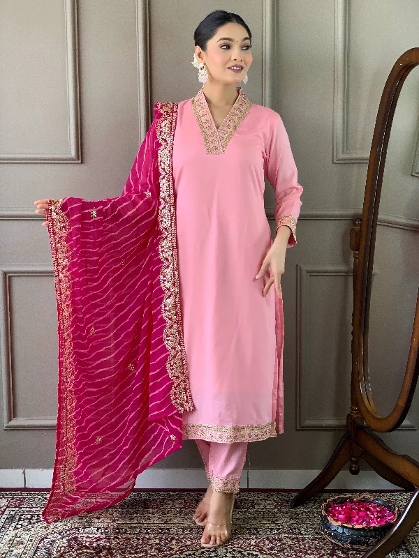 Pink Attractive Looking Pant Suit With Designer Embroidery Printed Work Chic Capri Pants
