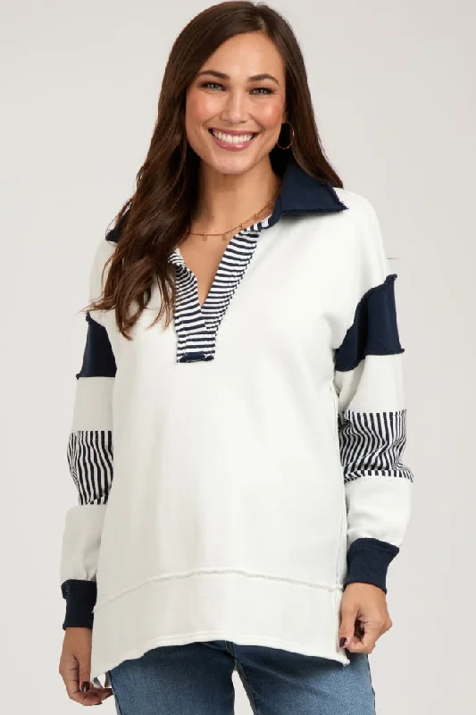 Navy Colorblock Stripe Collared Maternity Sweater Jersey Fabric Tulle Fabric Batik Fabric