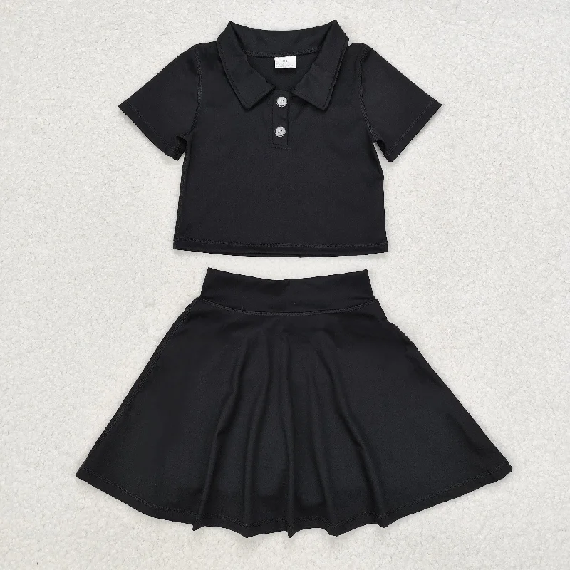 GSD1397 Solid color black short sleeve skirt yoga suit asymmetrical skirt cut