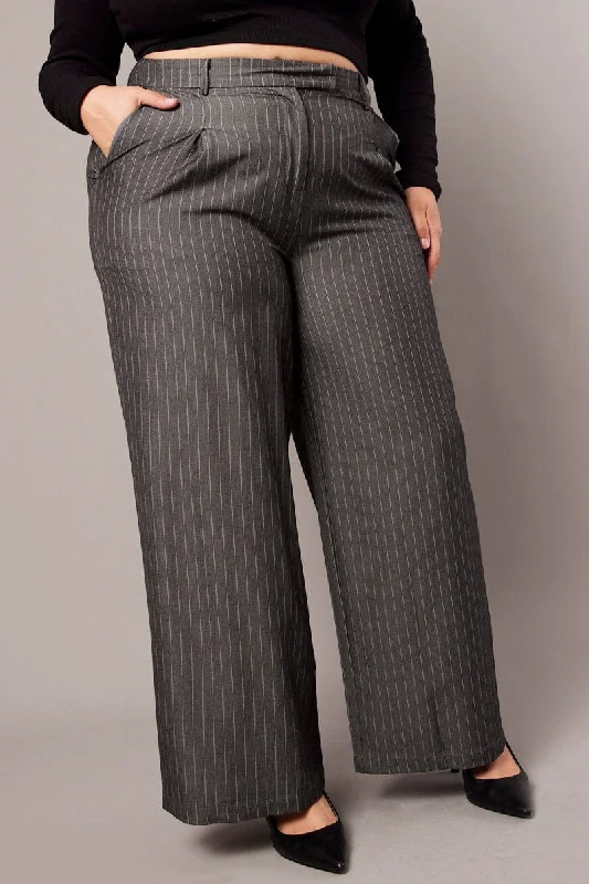 Grey Stripe Wide Leg Pants High Rise Modern Bootcut Pants