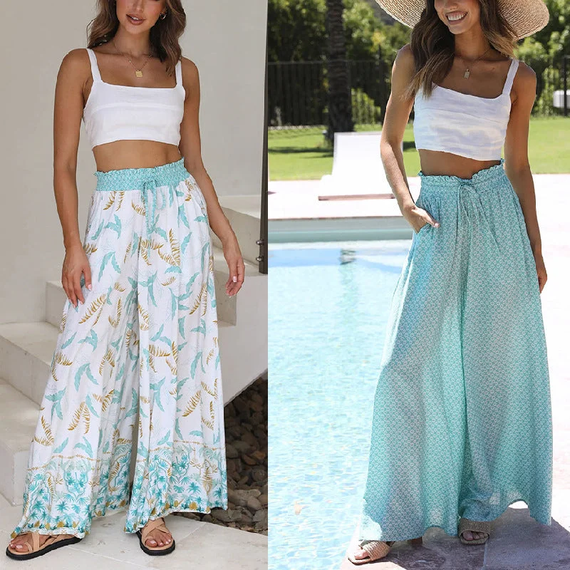 Printed Elastic Waist Wide-Leg Pants Comfy High-Waist Jeans