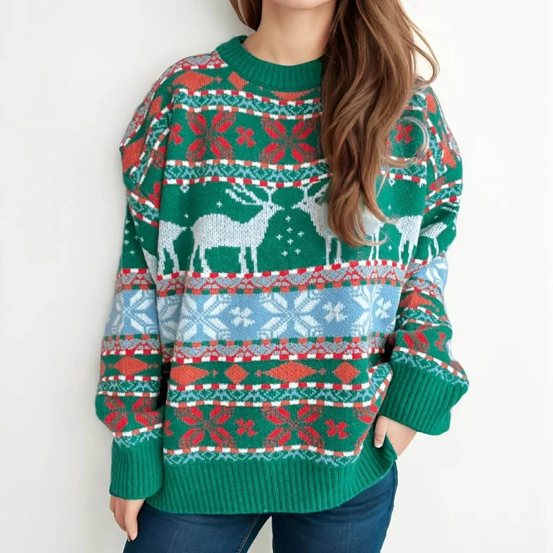 Vintage Oversized Deer Knitted Christmas Sweater Mesh Fabric Canvas Fabric Denim Fabric