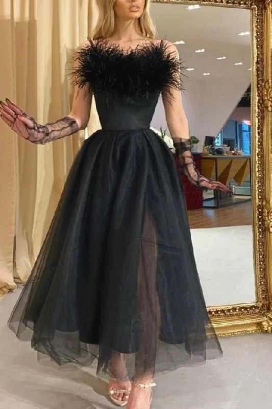 Black Strapless A-Line Prom Party Dress With Feather Tunics Formal black