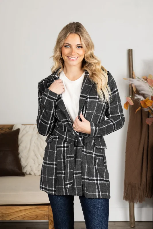 Grey Plaid Print Belted Jacket Snapped Jacket Toggled Jacket Drawstring Jacket