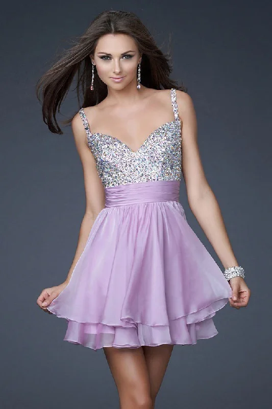 La Femme - 16813 Bejeweled Short Chiffon Party Dress Tunics Distressed trendy