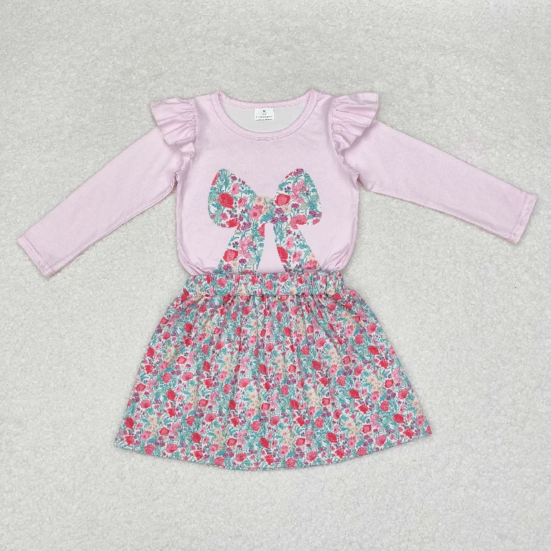 GLD0713 Floral bow pattern pink lace long sleeve skirt set high waist skirt