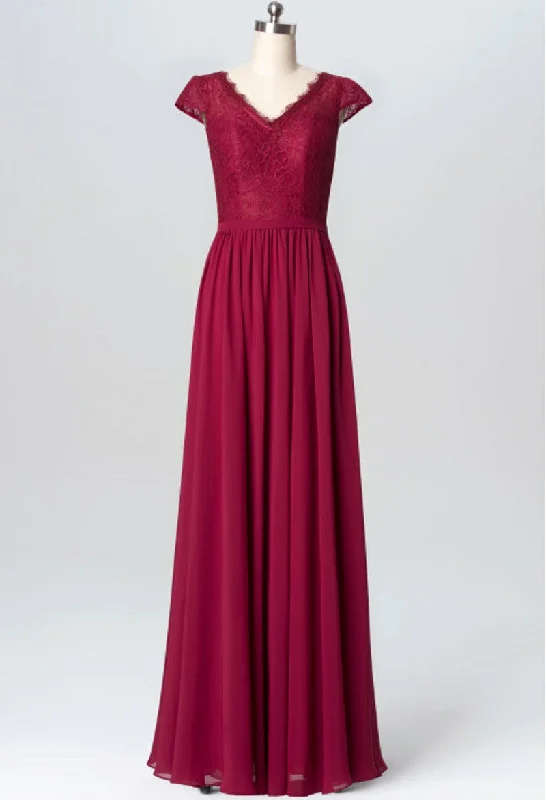 V-Neck Lace Cap Sleeved Chiffon A-line Floor-Length Bridesmaid Dress, Wedding Party Dress Tunics Hiking breathable