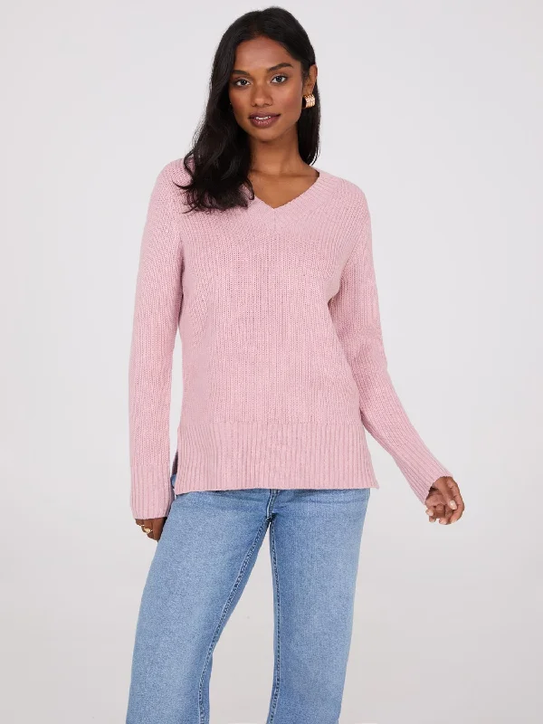 Ribbed V-Neck Sweater With Side Slits Welt Pockets Slit Pockets Flap Pockets