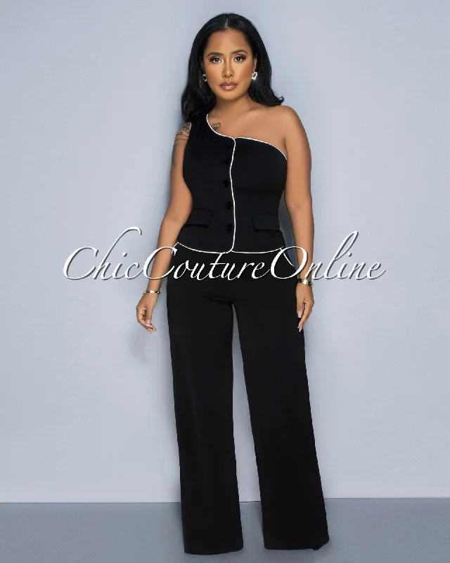 Marcia Black White Trim Single Shoulder Vest & Pants Set Relaxed Lounge Trousers