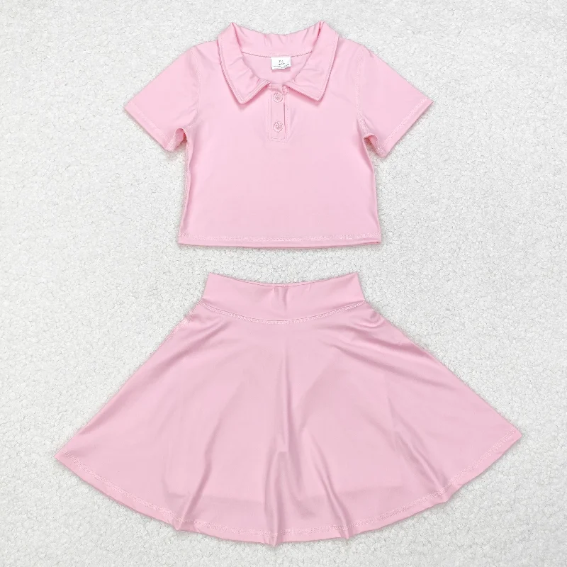 GSD1393 Solid pink short sleeve skirt yoga suit velvet skirt luxury