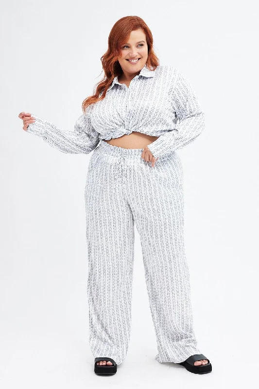 White Print Wide Leg Pants High Rise Satin Trendy Work Pants