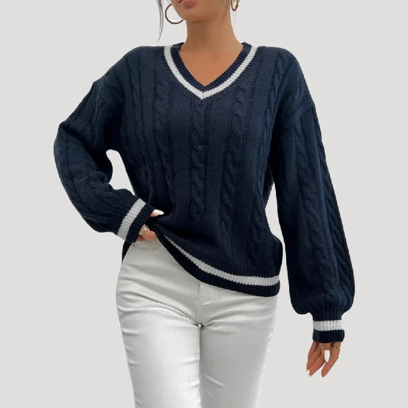 Cable knit varsity v-neck sweater Turtle Neck Boat Neck Asymmetrical Neck