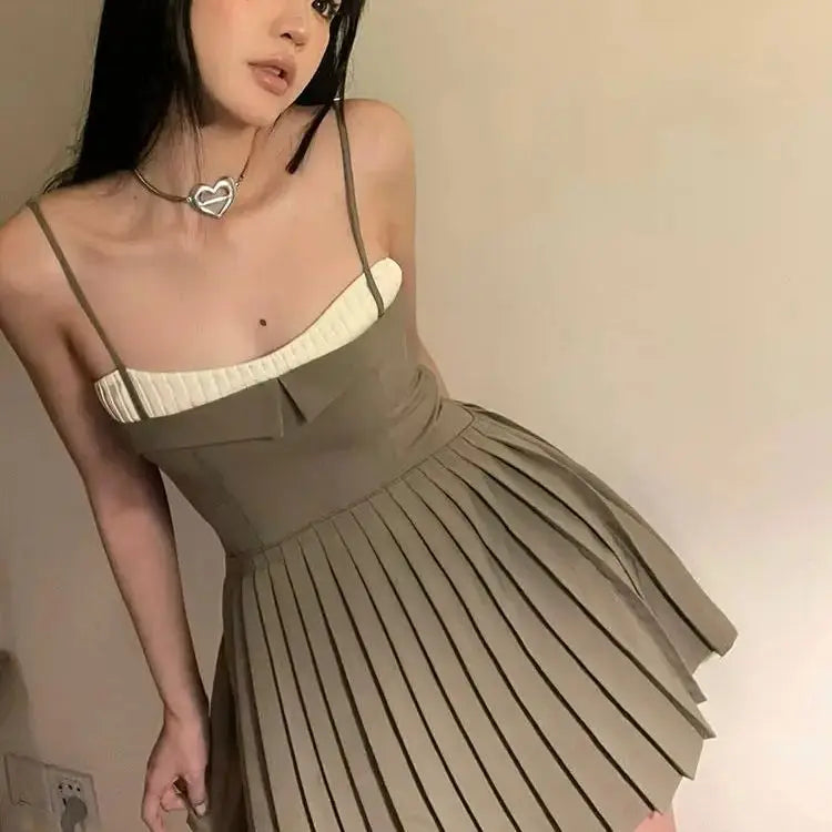 LIZAKOSHT  -  Pleated Sling Dress Patchwork A-Line Short Skirt Brown The Waist A Line Ballet Strap Dress Super Mini Party Dress Y2K Summer Tunics Brand named