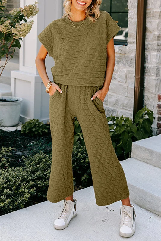 Sage Green Quilted Short Sleeve Wide Leg Pants Set Trendy Wide-Leg Pants
