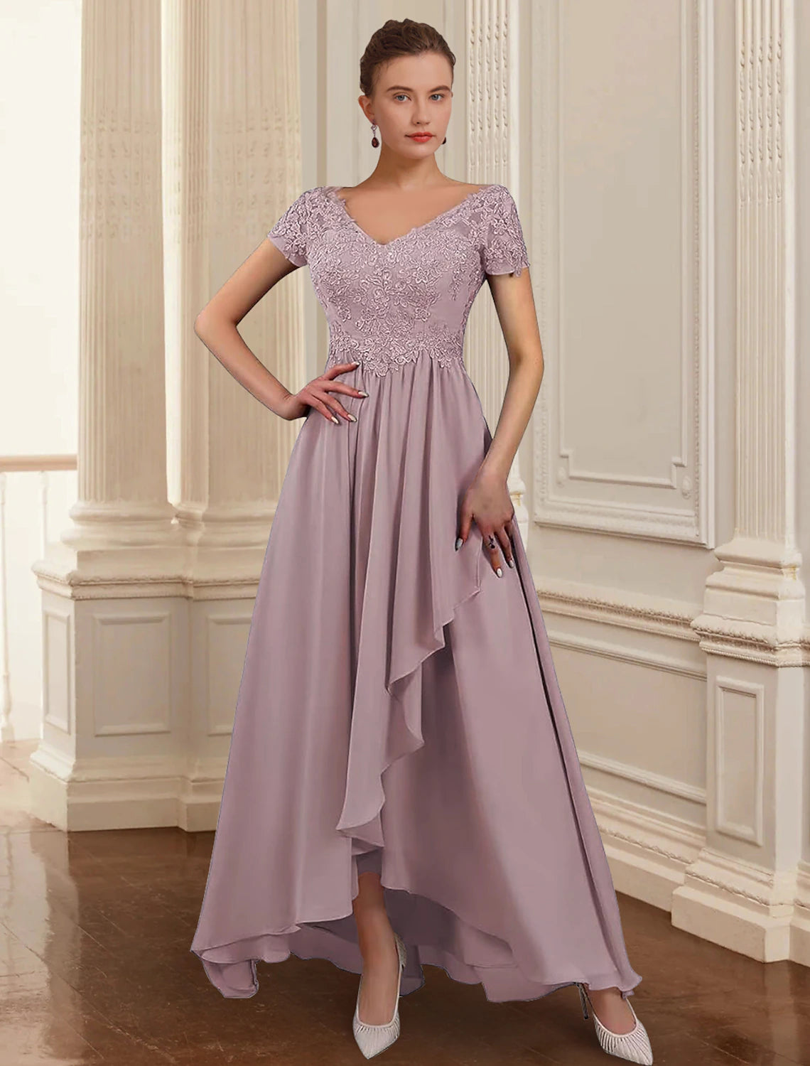 Two Piece A-Line Mother of the Bride Dress Formal Wedding Guest Elegant High Low V Neck Asymmetrical Ankle Length Chiffon Lace 3/4 Length Sleeve Jacket Dresses with Appliques Notch Collar Peter Pan Collar Cowl Neck