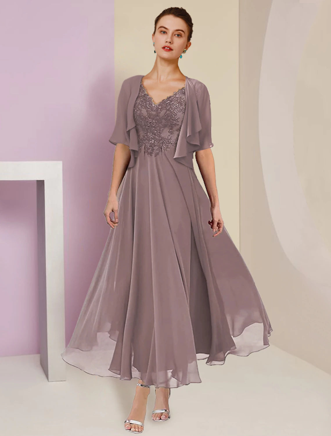 Two Piece A-Line Mother of the Bride Dress Formal Wedding Guest Elegant V Neck Tea Length Chiffon Lace Short Sleeve Jacket Dresses with Pleats Appliques Front Pockets Side Pockets Patch Pockets