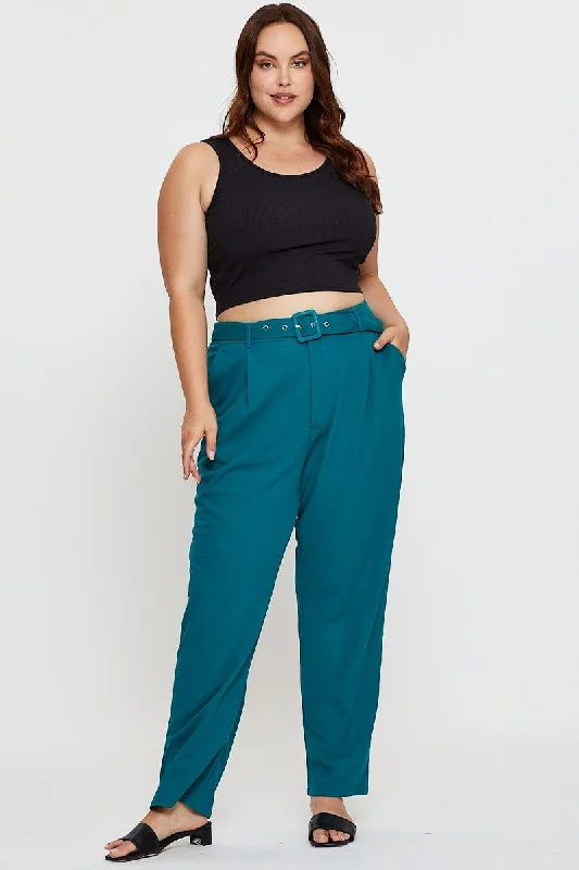 Green Slim Leg Pants High Rise Belted Soft Stretch Pants