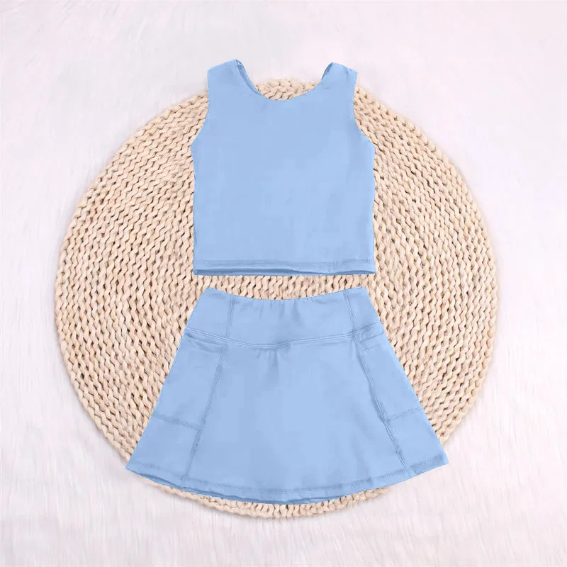 Preorder GSD1985 Yoga Outfit Baby Girls Sports clothes Sky Blue Sleeveless top skirts shorts Girls Boutique Summer clothes  202502 tiered skirt playful
